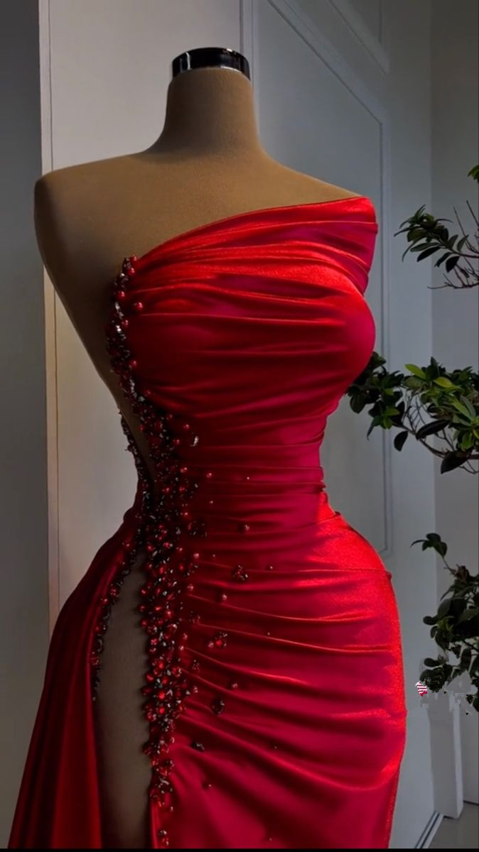 Charming Red Satin Long Evening Dress with High Slit Y4115 - VelvetHem