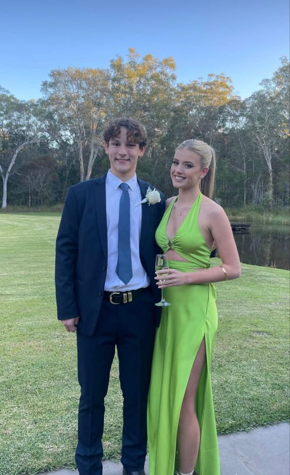 Sexy Green Halter Neckline Prom Dress With Split,Senior Prom Gown