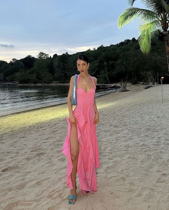 Pink Halter Chiffon Ruffles Evening Dress Long Party Prom Dress