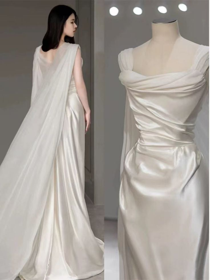 White Satin Pleated Straps Wedding Dress,Elegant Prom Evening Dress - View 6 | FashionDia