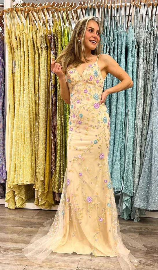 Beautiful Yellow Straps Mermaid Backless Evening Dress Long Prom Dress - View 2 | FashionDia
