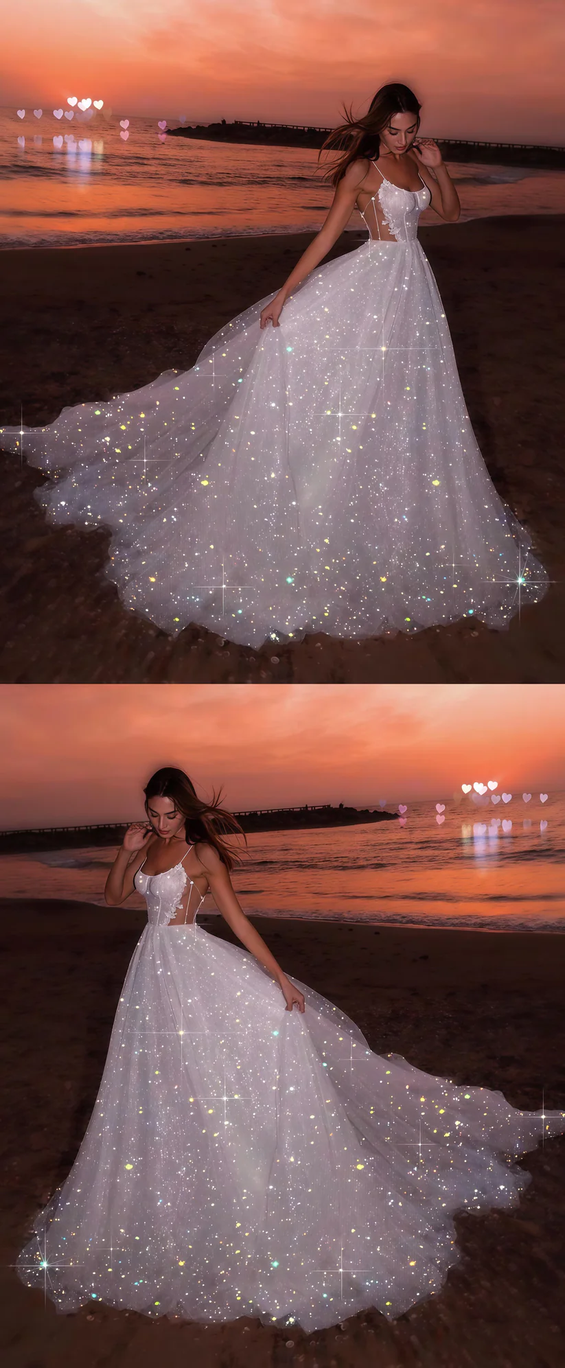 Sparkly Shite Tulle Sequins Prom Dress,Long A-Line Wedding Dress Evening Dress - View 3 | FashionDia