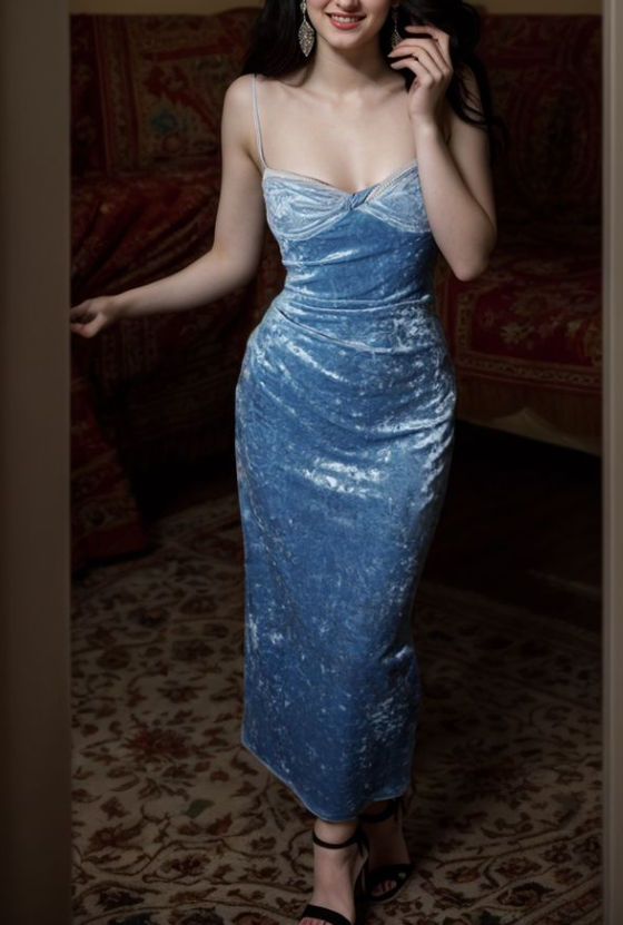Charming Spaghetti Straps Velvet Party Prom Dress,Blue Sheath Evening Gown