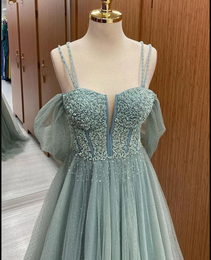 Elegant Evening Dress with Spaghetti Straps, Glitter A-Line Tulle Prom Dress