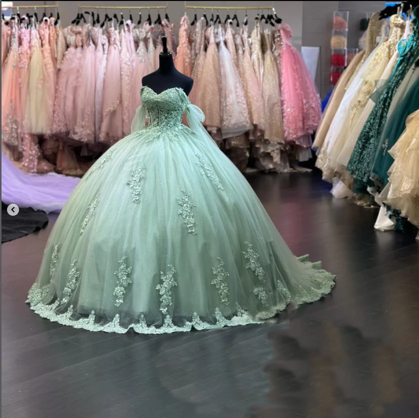 Sage Green Quinceanera Dresses Lace Off-Shoulder Sweet 16 Birthday Party Dress,Sage Green Ball Gown ,Y2421 - VelvetHem