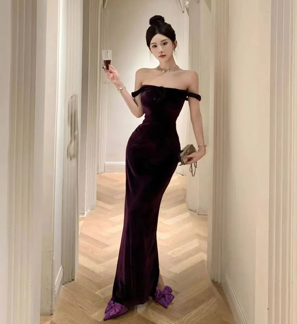 Purple Elegant Off-the-Shoulder Mermaid Evening Dress,Velvet Slit Mermaid Party Prom Dress - View 6 | FashionDia