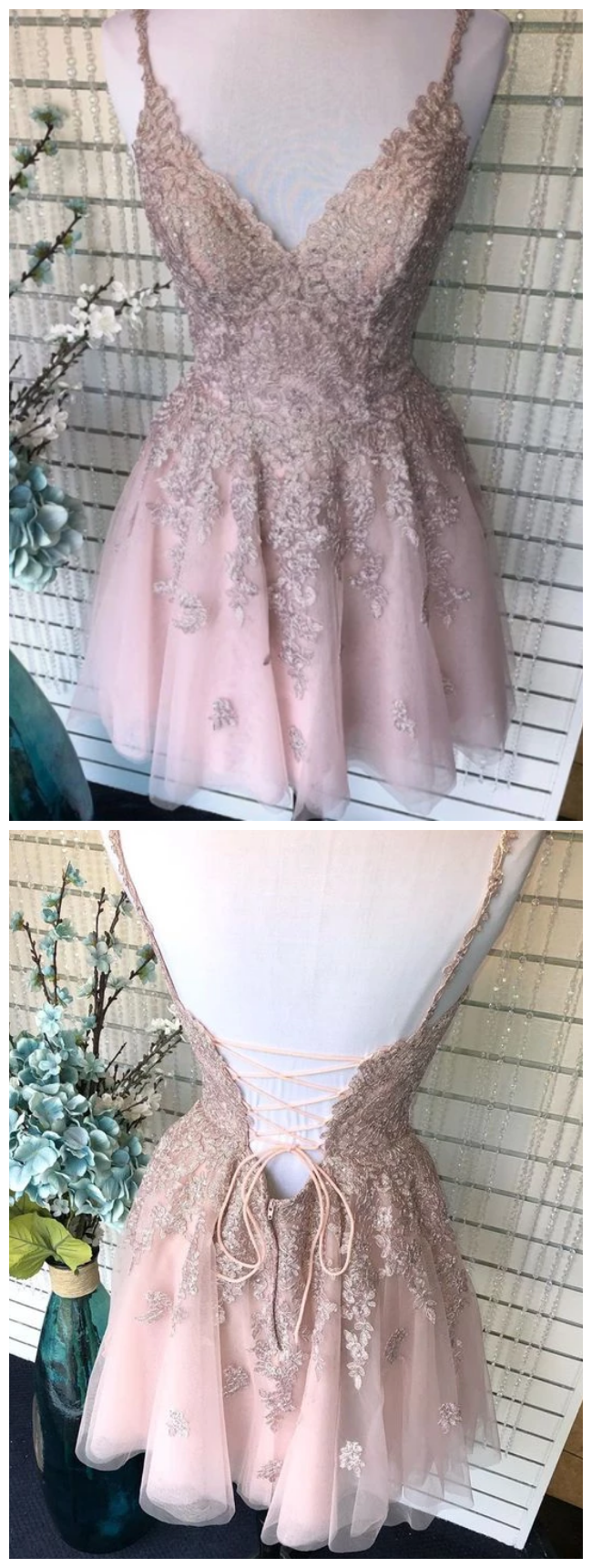 A-Line Spaghetti Straps Blush Homecoming Dress With Appliques Beading - FashionDia