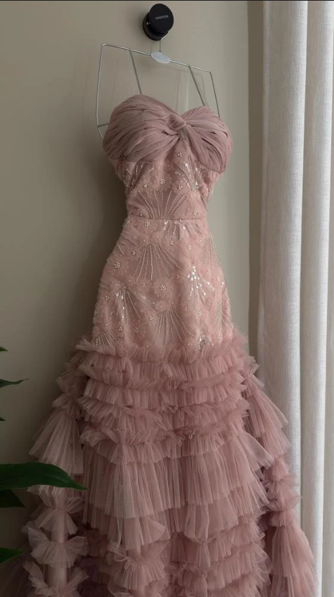 Elegant Sweetheart Neck Pink Sequin Tulle Lace Pleated Mermaid Long Party Dress Evening Gown - View 2 | FashionDia