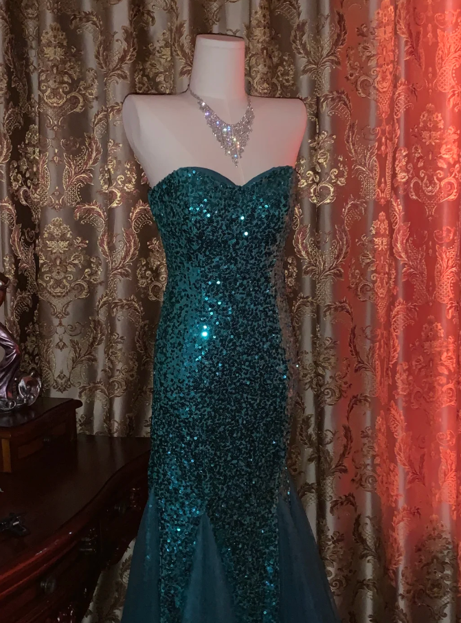 Vintage Strapless Green Tulle Sequin Mermaid Evening Dress Long Wedding Guest Dress Party Gown - View 5 | FashionDia