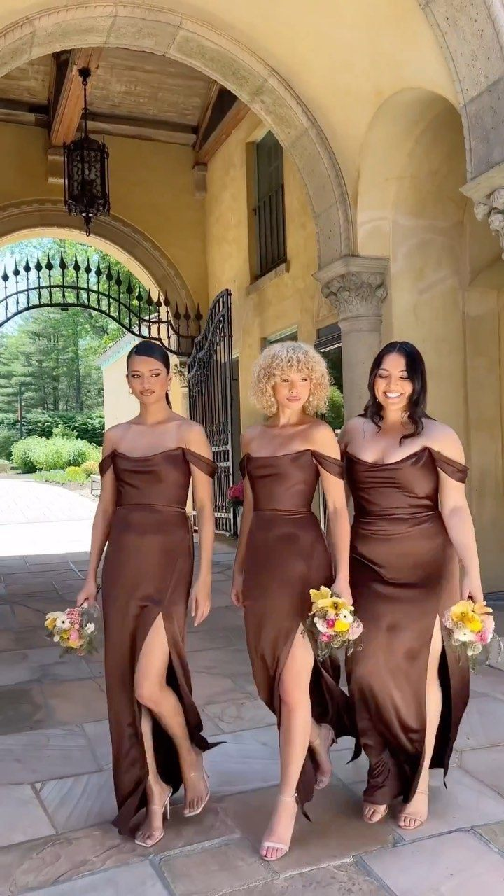 Elegant Brown Off-the-Shoulder Satin Mermaid Slit Wedding Guest Dress Bridesmaid Dress - FashionDia