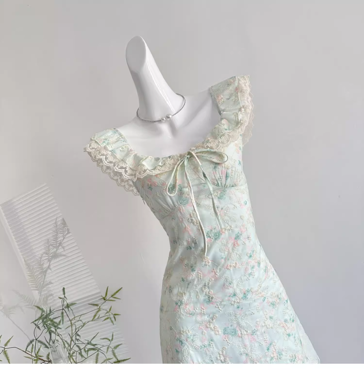 Sweet Floral Mint Green A-Line Short Dress Birthday Dress - View 2 | FashionDia