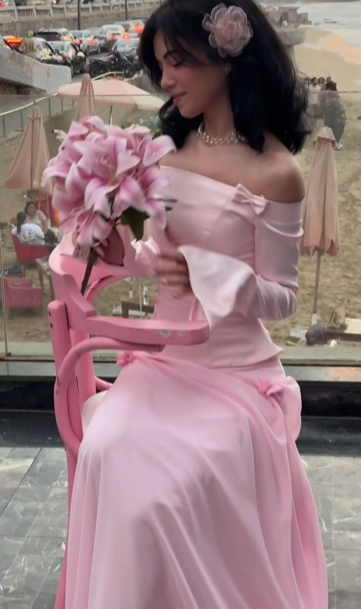Sweet Two Piece Off-the-Shoulder Pink Satin Chiffon Mermaid Prom Dress Formal Party Dress - View 2 | FashionDia