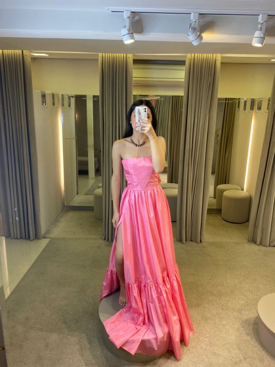 Simple Pink Long A-Line Prom Dresses Strapless Sleeveless Club Gowns Side Slit Formal Party Night Evening Dress - View 2 | FashionDia