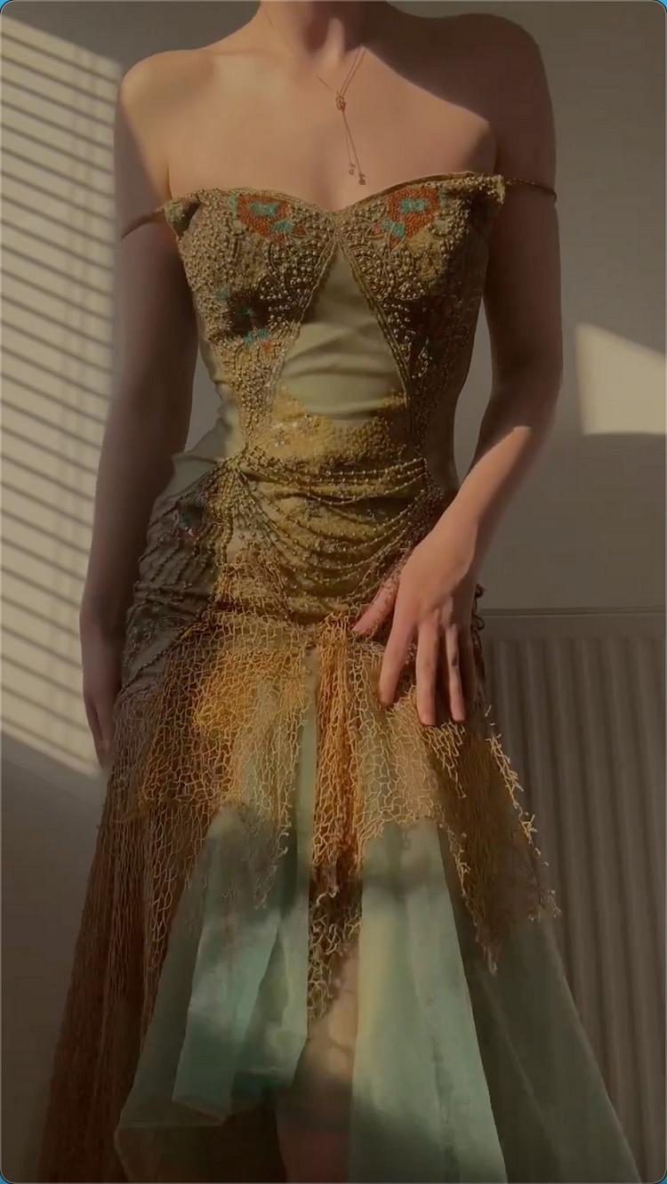 Vintage Green Sequin Lace Party Prom Dress,Off-the-Shoulder Mermaid Evening Dress - FashionDia