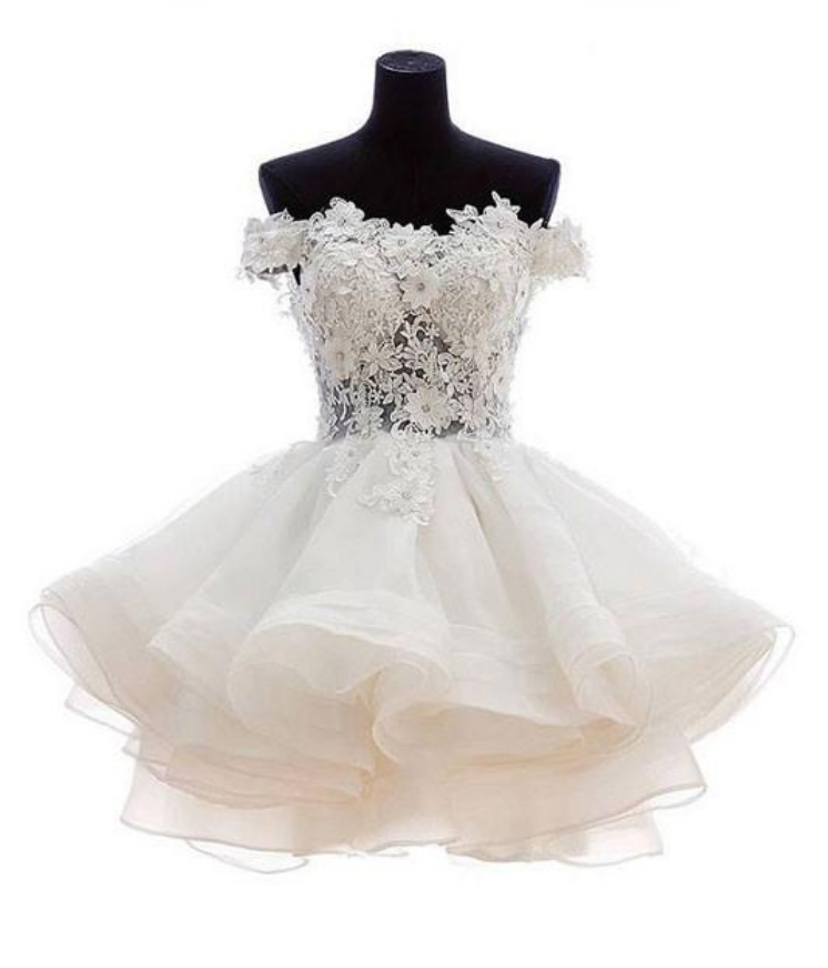 White sweetheart lace applique short cute white homecoming dress Off-the-Shoulder Organza Short Lace Applique Teen Formal Dress - FashionDia
