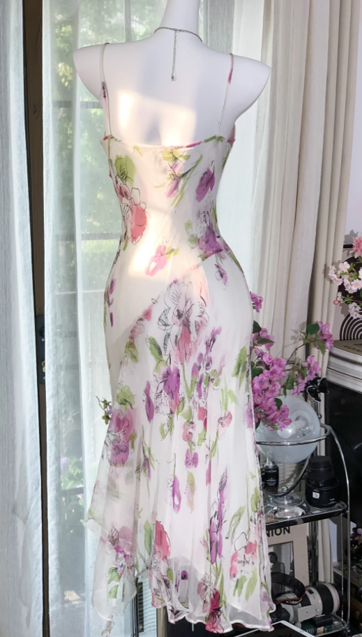 Pretty Spaghetti Straps Chiffon Print Floral Mermaid Evening Dress Long Party Dress - View 3 | FashionDia