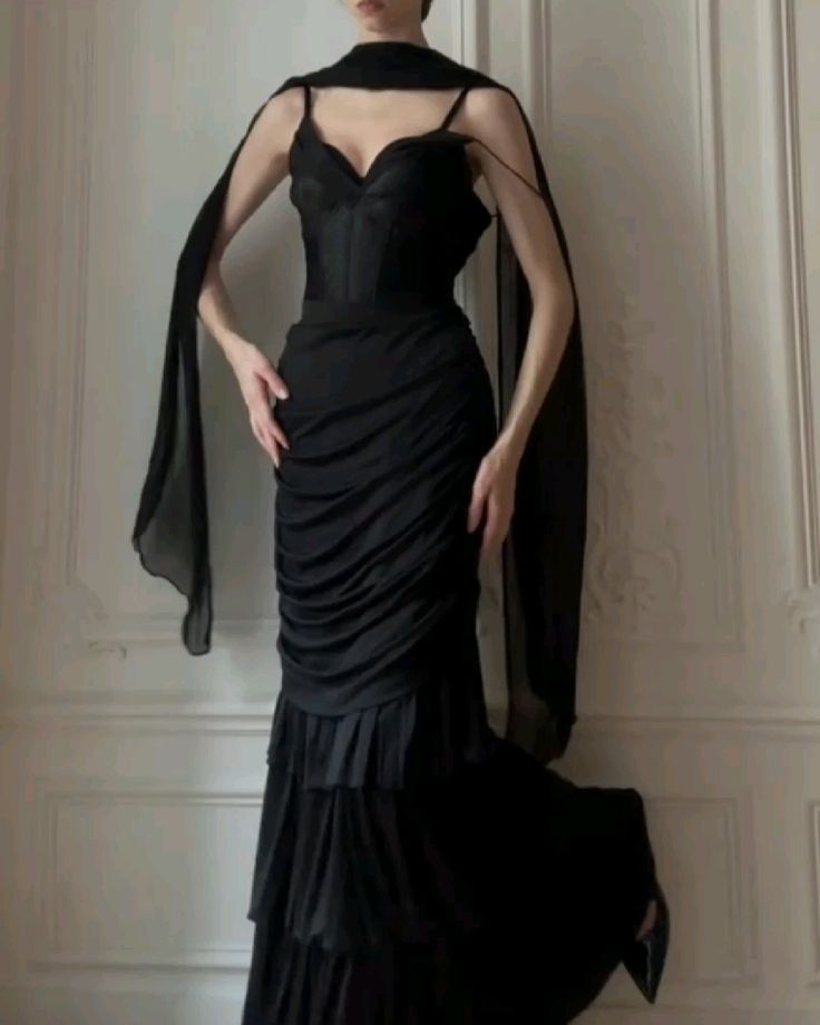 Classy Spaghetti Straps Black Satin Chiffon Pleated Layered Mermaid Long Party Dress Birthday Prom Gown With Scarf - FashionDia