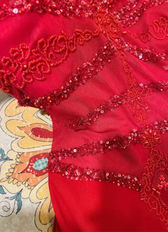 Charming Red Spaghetti Straps Chiffon Sequin Beaded Mermaid Evening Dress Long Wedding Guesrt Dress - View 3 | FashionDia