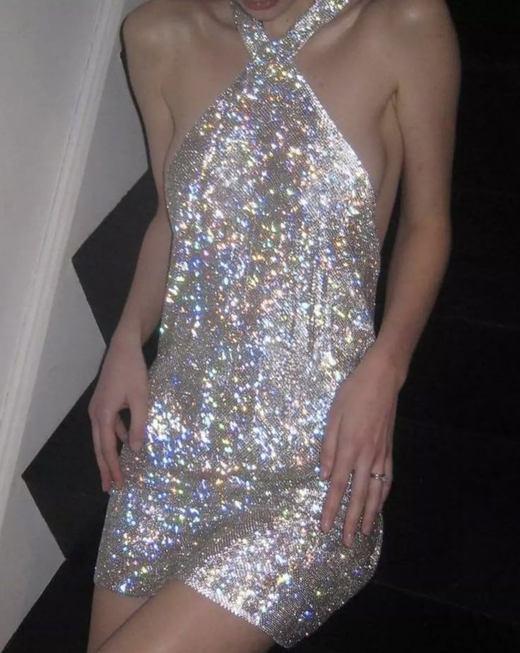 Glitter Silver Halter Sequin Homecoming Dress Backless Cocktail Dress