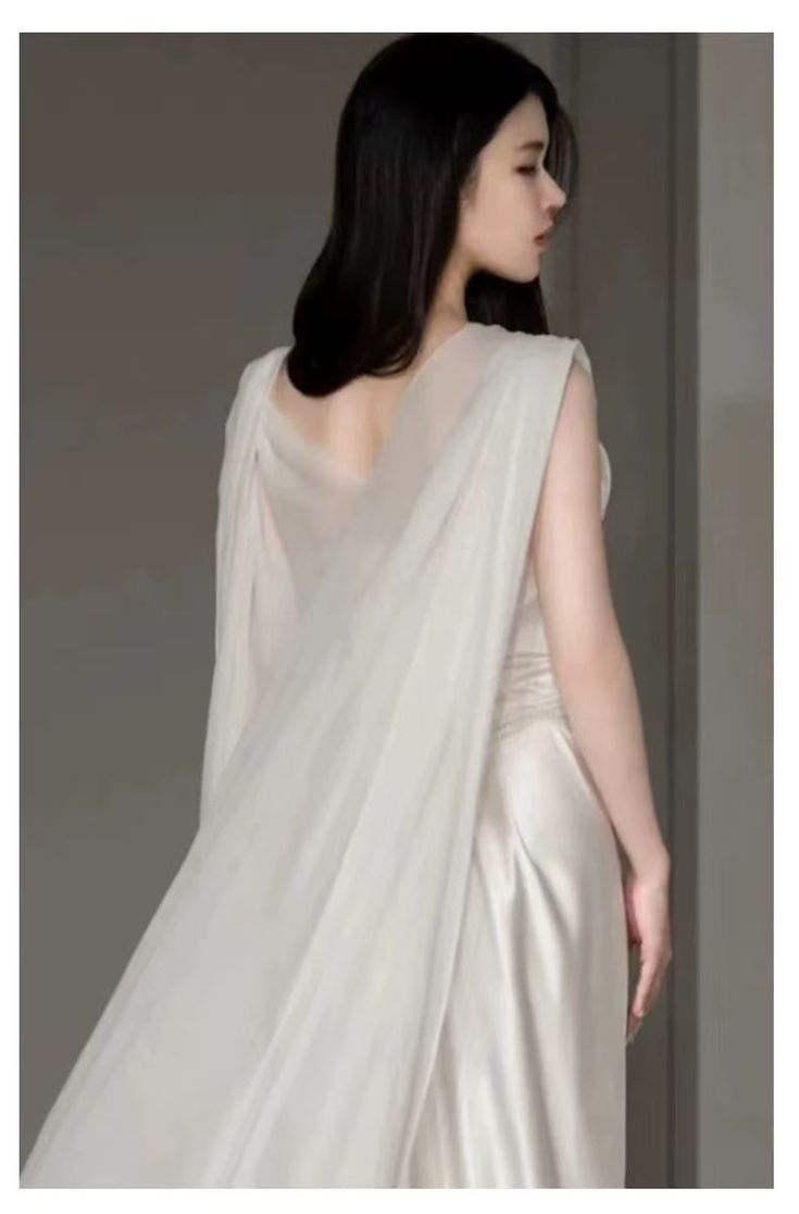 White Satin Pleated Straps Wedding Dress,Elegant Prom Evening Dress - View 5 | FashionDia