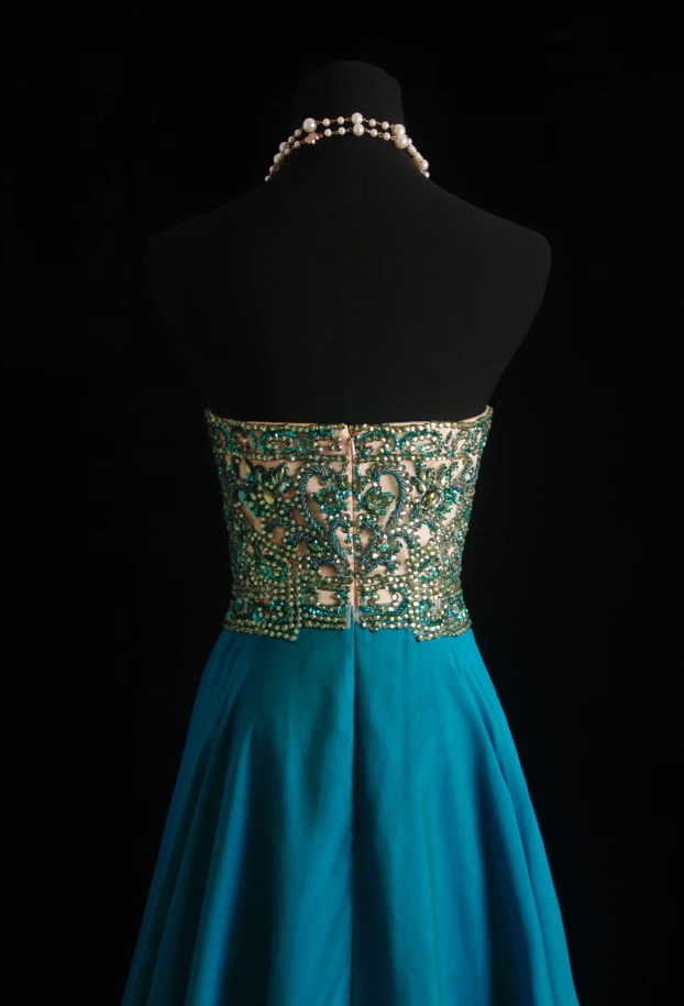 Unique Blue Green Strapless Satin Beaded Long Wedding Guest Dress Formal Birthday Party Dress Prom Gown - View 5 | FashionDia