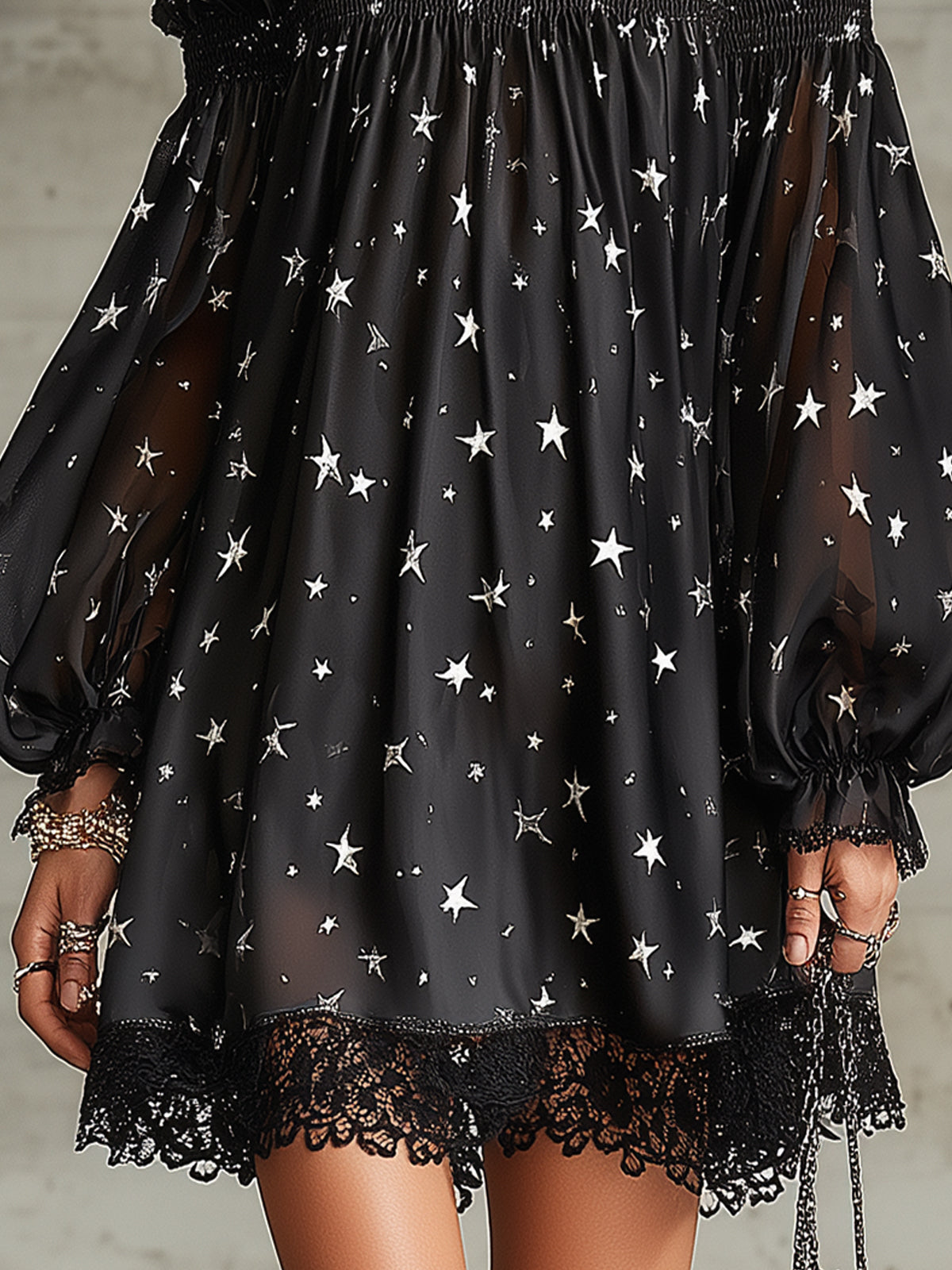 Black Off-the-shoulder Star-print Lace-trimmed Mini Dress