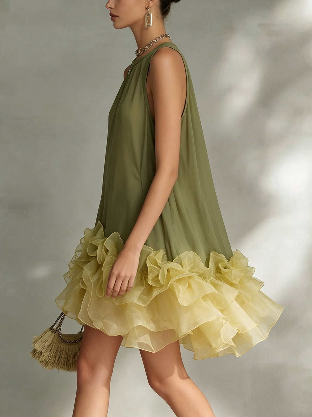 Olive Green Layered Ruffled Chiffon Mini Dress