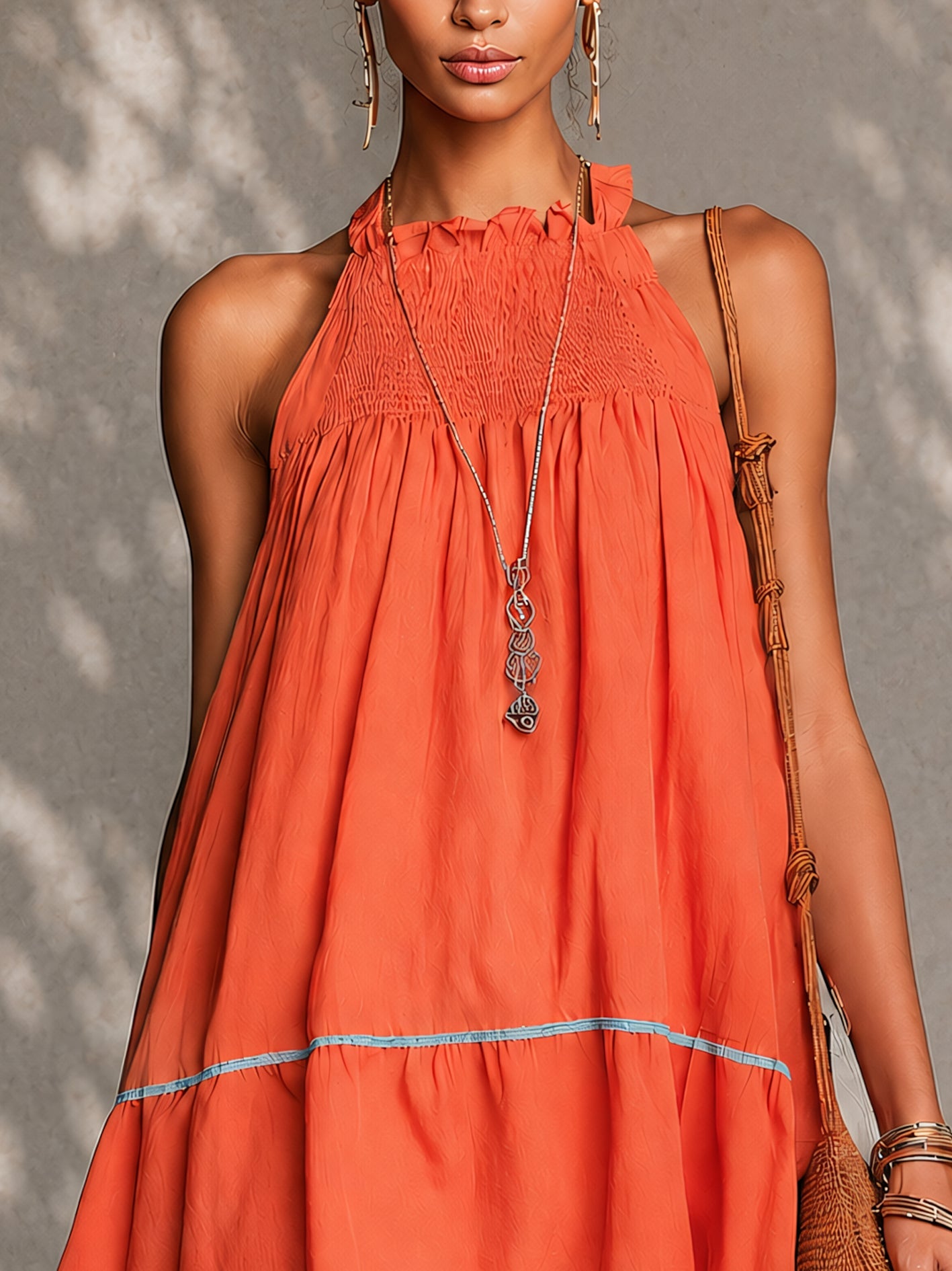 Orange Patchwork Lace Trim Sleeveless Pleated Mini Dress