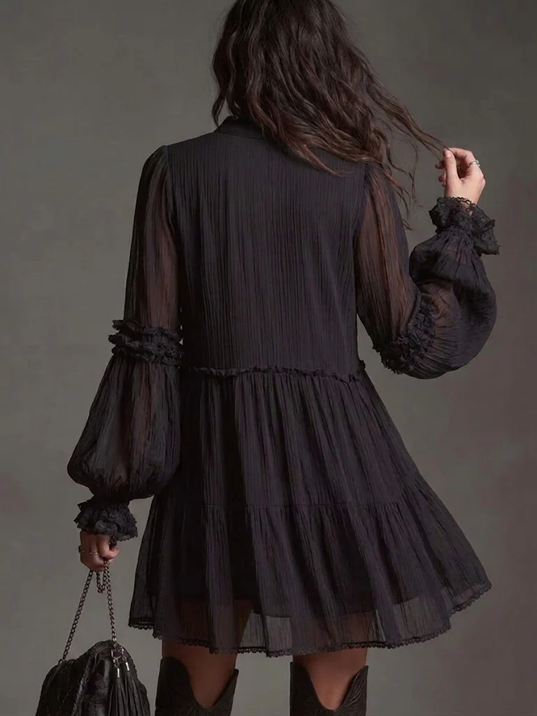 Black Chiffon Lantern Sleeve Ruffled Lace Mini Dress
