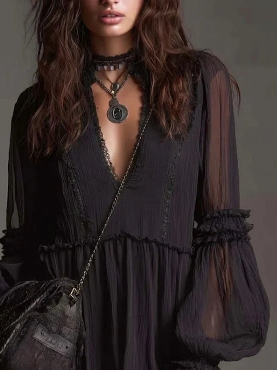 Black Chiffon Lantern Sleeve Ruffled Lace Mini Dress