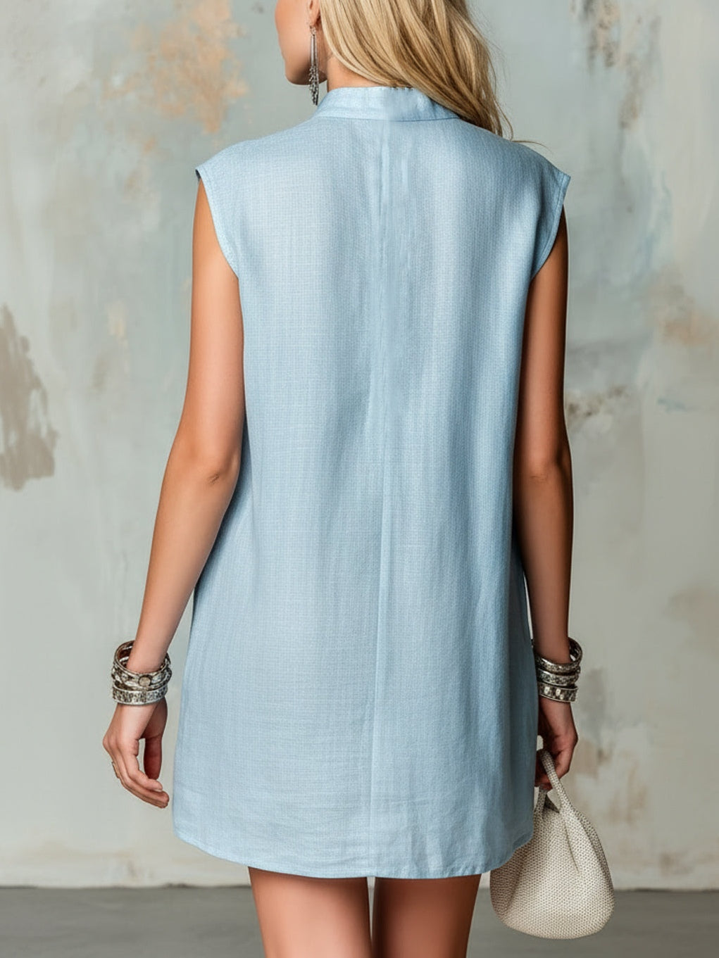 Light Blue Zip-up Stand Collar Sleeveless A-line Loose Mini Dress