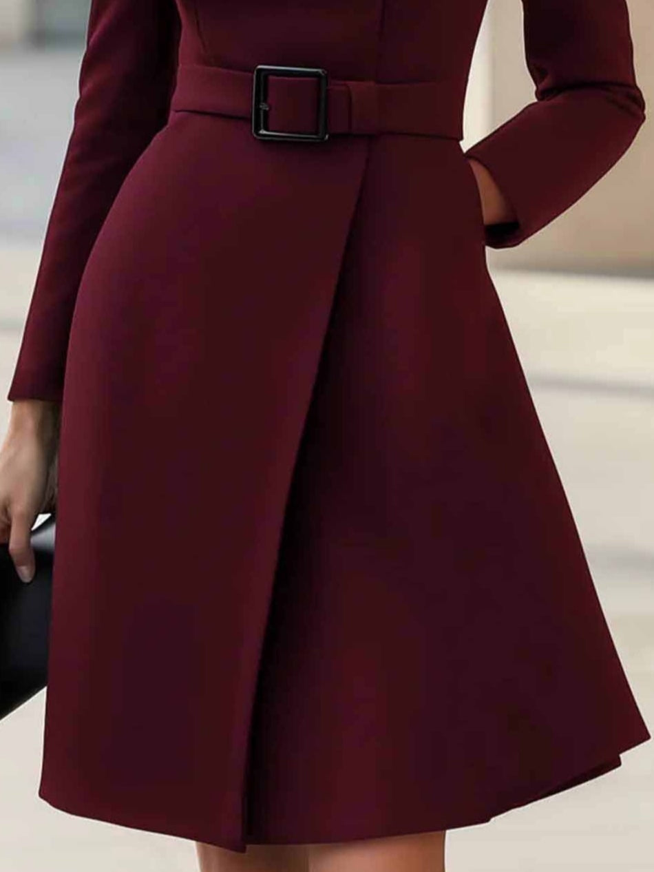 Elegant High-neck Tie-waist A-line Midi Dress (with belt)