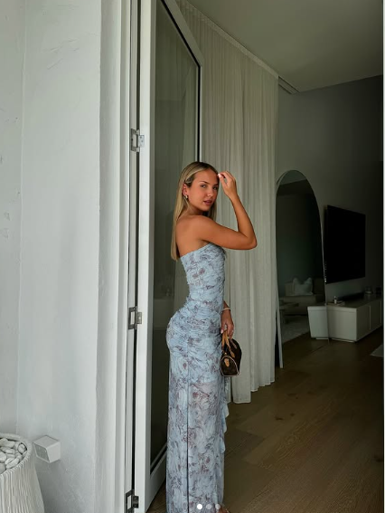 Blue Chiffon Print Floral Evening Dress,Long Slit Ruffles Party Prom Dress - View 2 | FashionDia