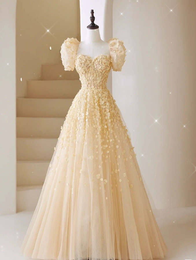 Charming Yellow A-Line Puffy Sleeves Floral Prom Dress,Fairy Dress - View 5 | FashionDia