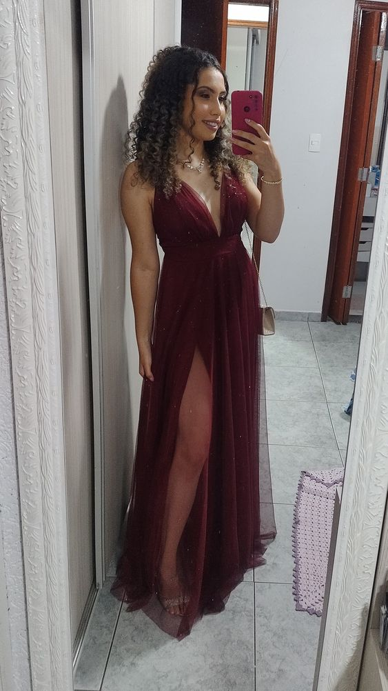 Burgundy Long Prom Dress with Slit,V-Neck Formal Dress - FashionDia