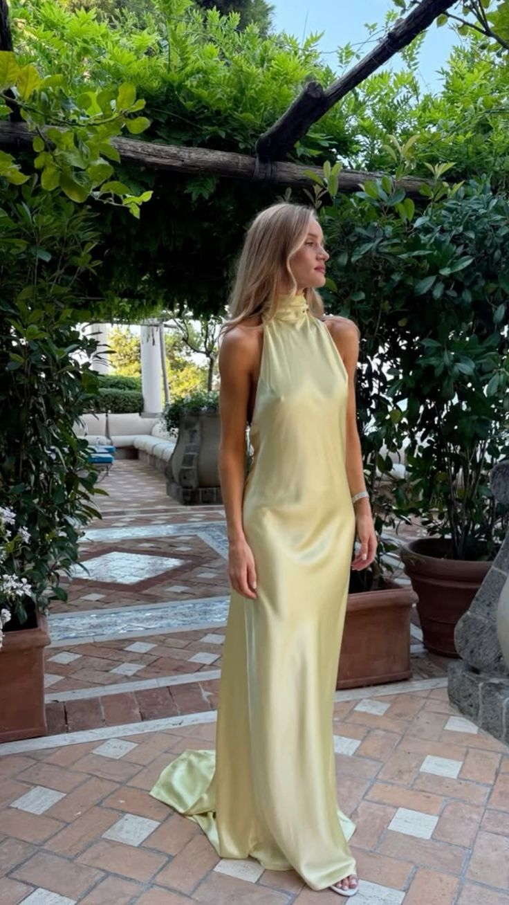 Stylish Sleeveless Halter Yellow Satin Mermaid Bridesmaid Dress Long Wedding Guest Dress