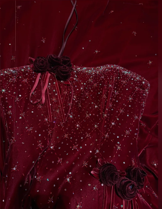 Pretty Burgundy Strapless Velvet Beaded Long Birthday Party Dress Evening Dress - View 7 | FashionDia