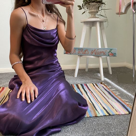 Spaghetti Straps Fashion Purple Satin A-Line Long Party Dress Formal Wedding Guest Dress Bridesmaid Dress - FashionDia