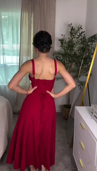 Elegant Burgundy Satin Slit Party Dress,A-Line Slit Sleeveless Evening Dress - View 4 | FashionDia