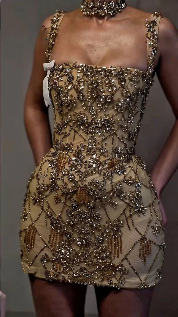 Luxury Sheath Square Neck Gold Short Formal Grade Homecoming Dresses Gold Cocktail Dress - FashionDia