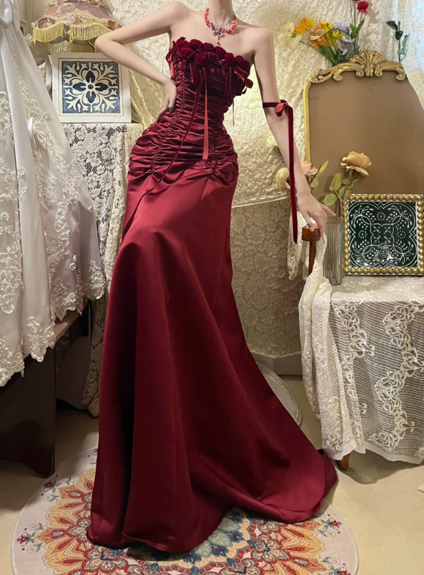 Pretty Strapless Burgundy Satin Pleated Mermaid Party Dress Long Wedding Guest Dress With 3D Flowers - View 2 | FashionDia