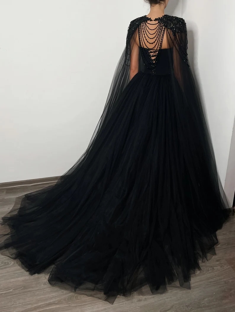 Black Gothic crystal beaded corset wedding tulle dress, elegant beaded alternive bride dress, long black cape black prom dress - View 4 | FashionDia