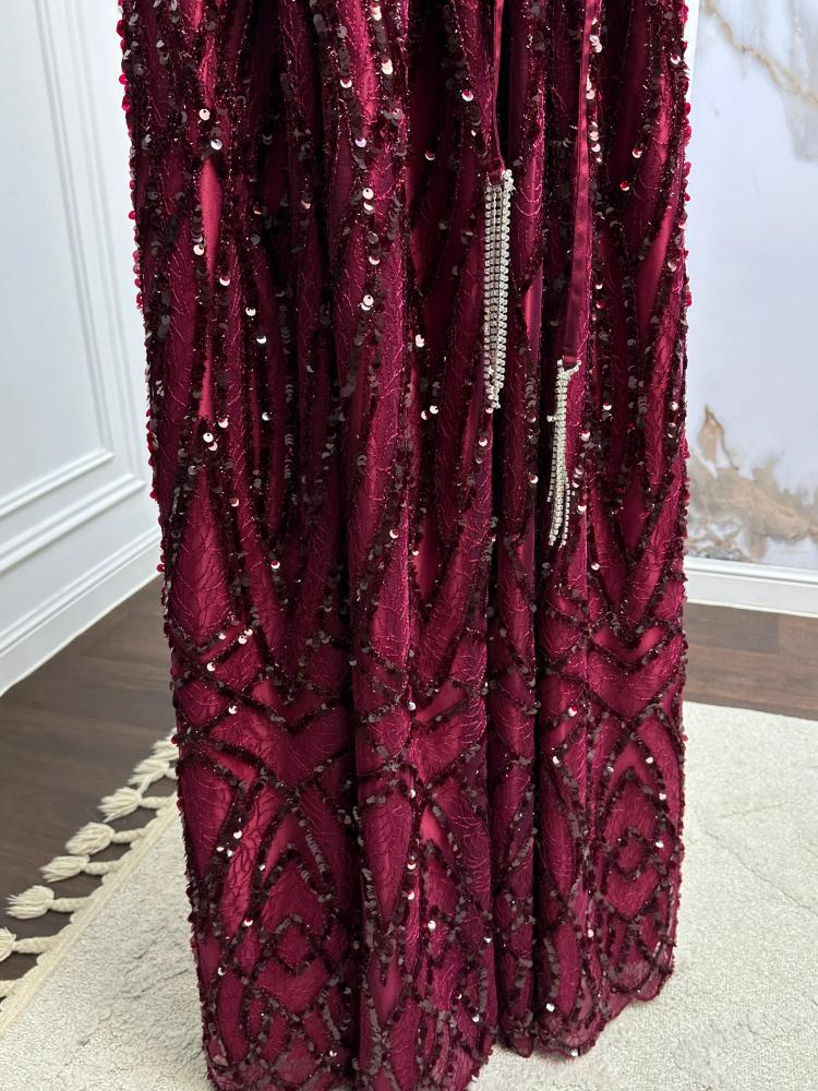 Vintage Burgundy Satin Sequin Evening Dress Formal Prom Dress - View 6 | FashionDia