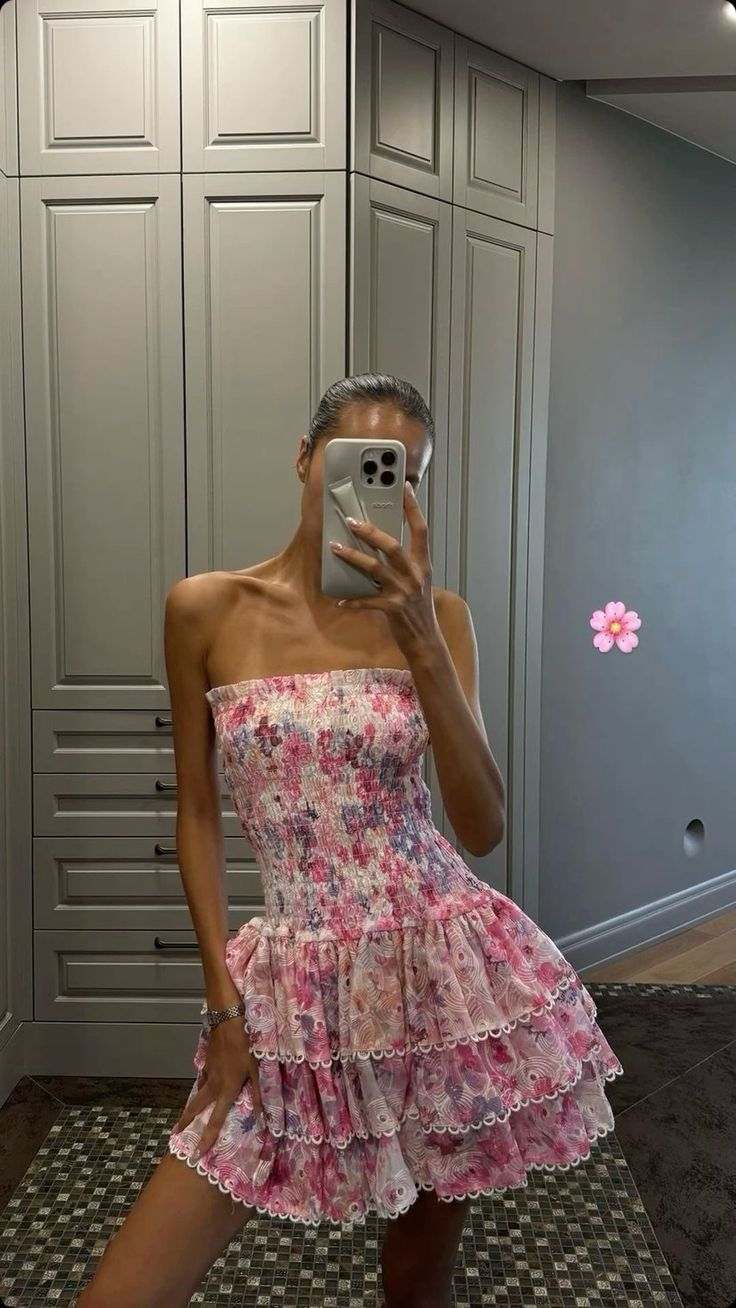 Beautiful Pink Print Floral A-Line Birthday Outfits Strapless Homecoming Dress - View 3 | FashionDia