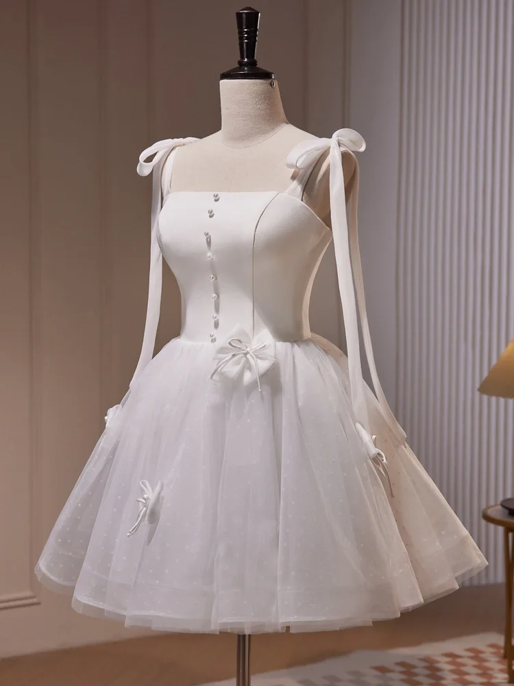 Elegant Spaghetti Straps Tulle Satin A Line White Short 21st Birthday Outfits Homecoming Dress