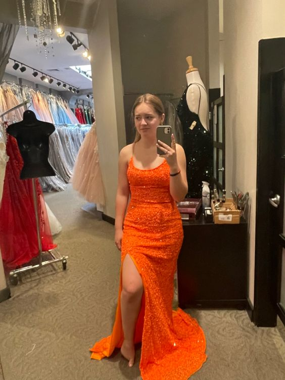 Sparkly Orange Prom Dresses Sleeveless Sequined Slit Evening Gown Y7012 - VelvetHem