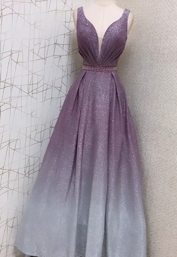Glitter Ombre V-Neck Prom Dress,Senior Prom Gown - View 2 | FashionDia