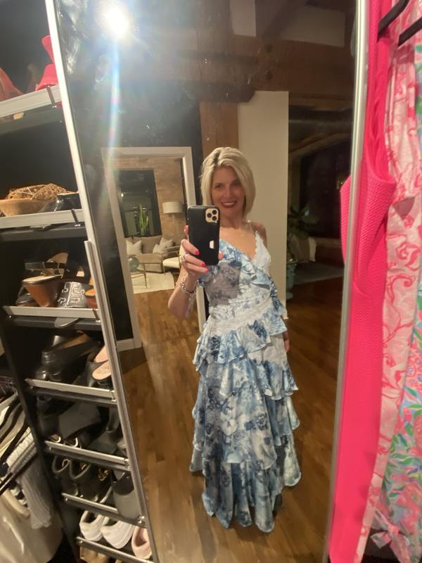 Vintage Blue Satin Print Tiered Ruffles A-Line party Dress,Spaghetti Straps Prom Evening Dress - View 7 | FashionDia