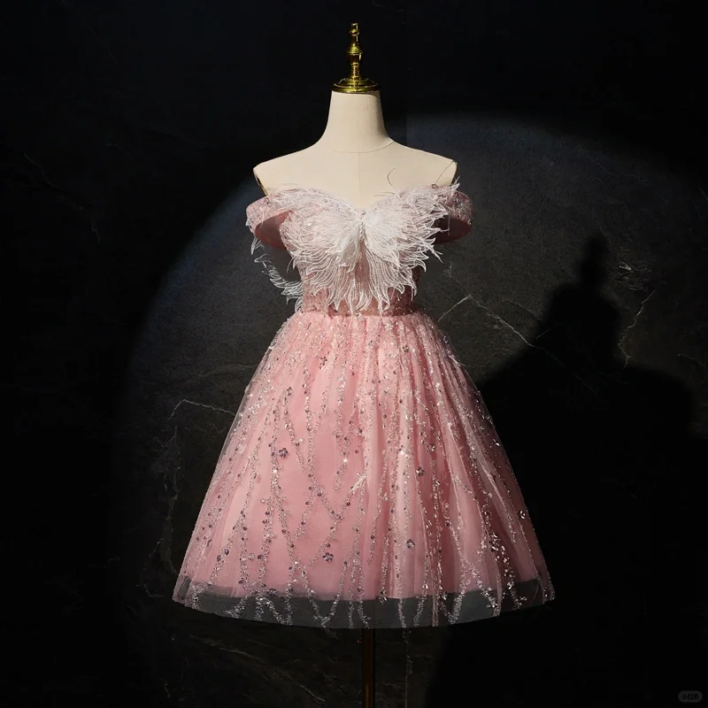 Stylish Pink Off The Shoulder Tulle Beaded A Line Short Party Dress 15th Birthday Outfits
