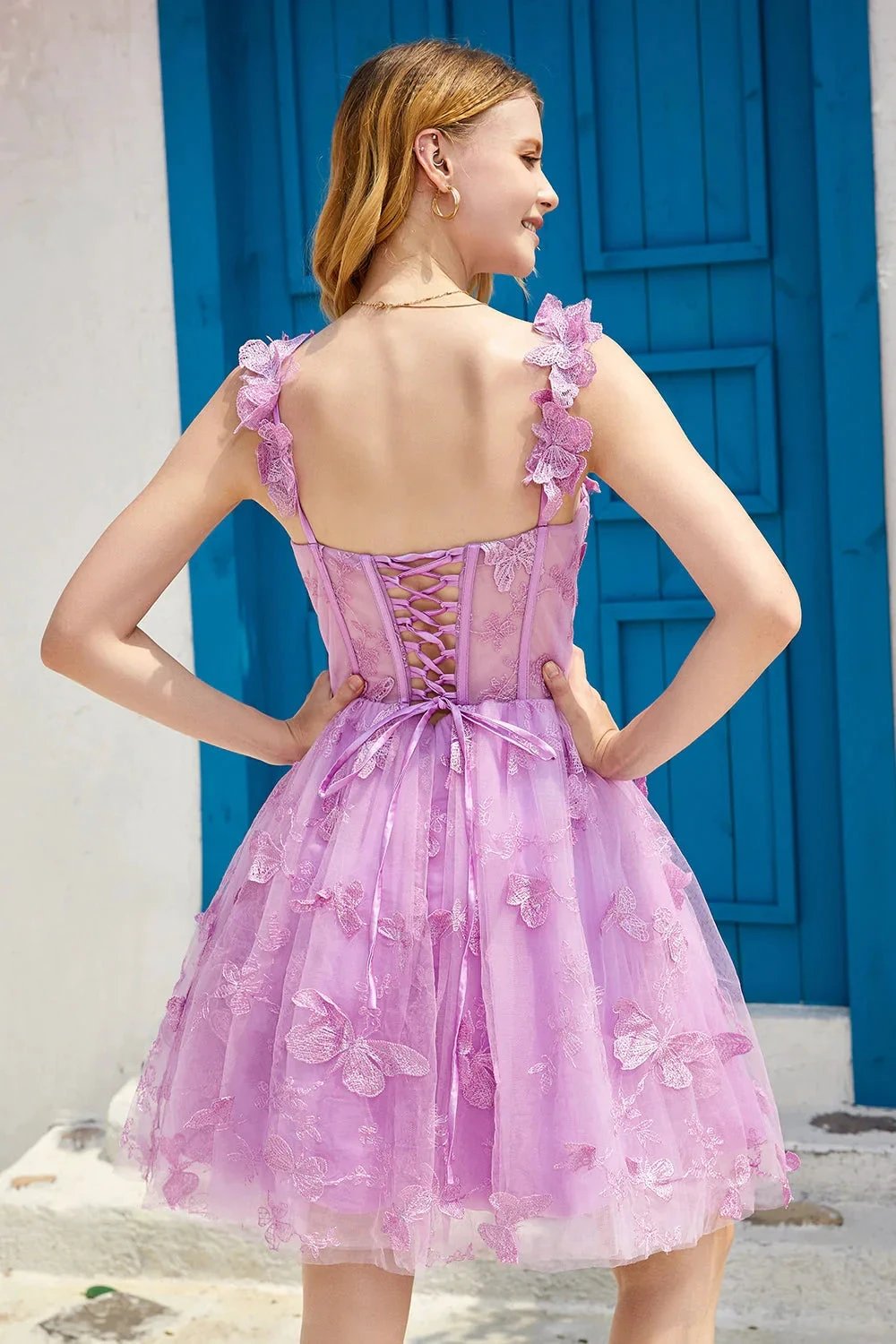 Cute A Line Corset Short Purple Homecoming Dress with Appliques (ZD11492)